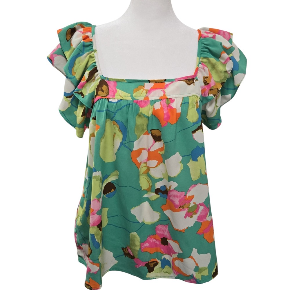 ee:some Women's Square Neck Ruffle Sleeve Floral Print Top Size S‎ Spring Bright